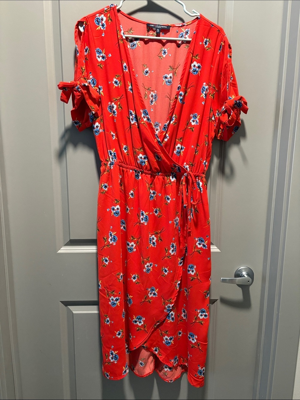 One Clothing Red Floral Wrap Midi Dress XL Tie Waist Tie Sleeve Wrap